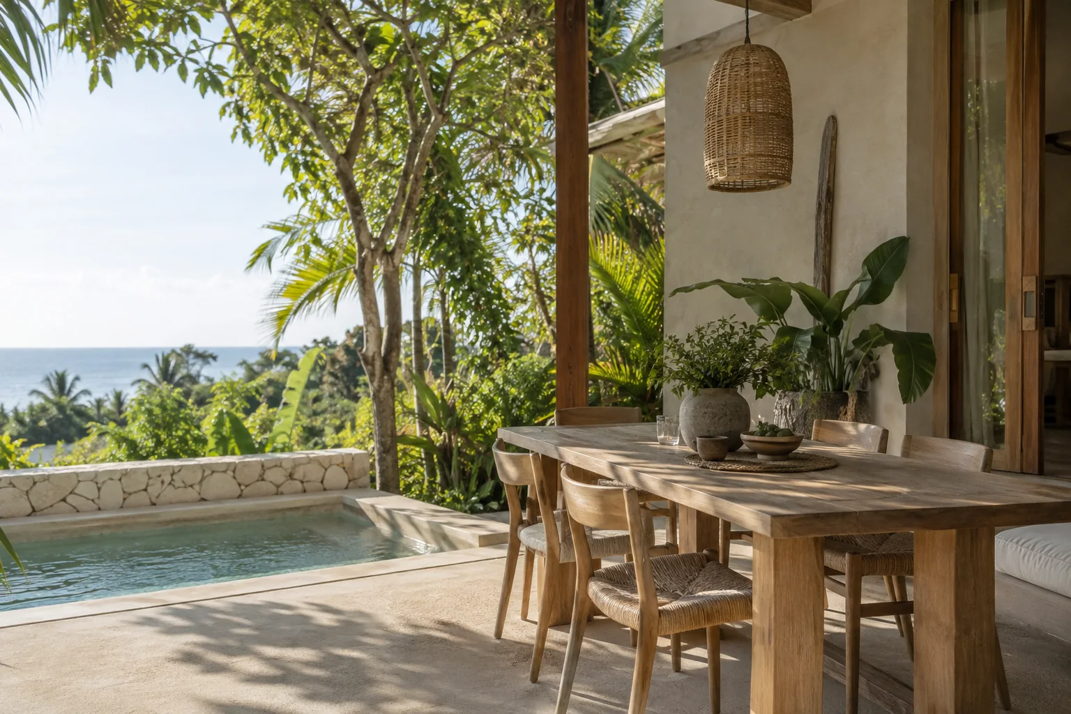 Private villa terrace with outdoor dining and tropical garden