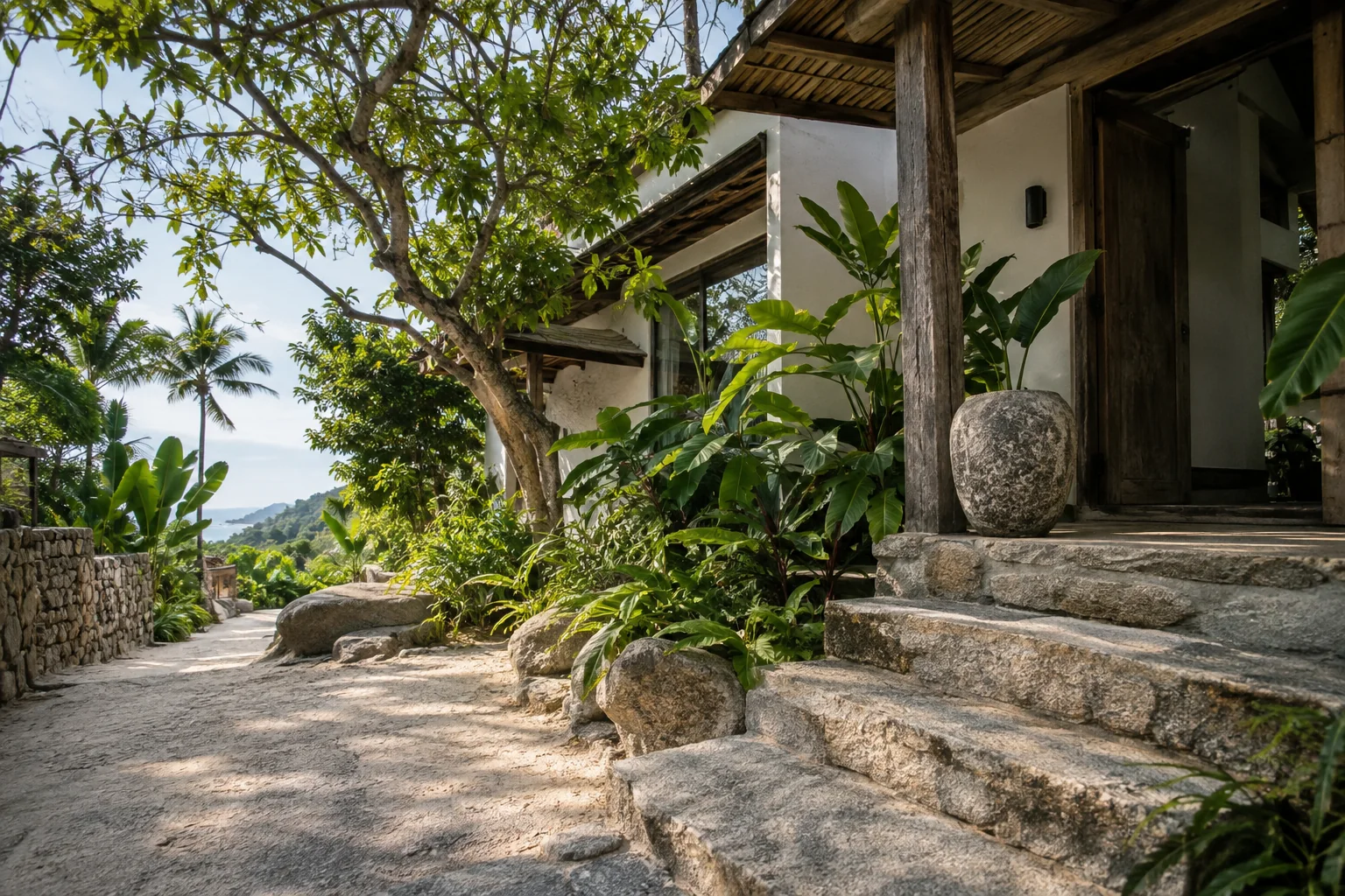 Modern tropical villa exterior and landscaped approach, Koh Phangan