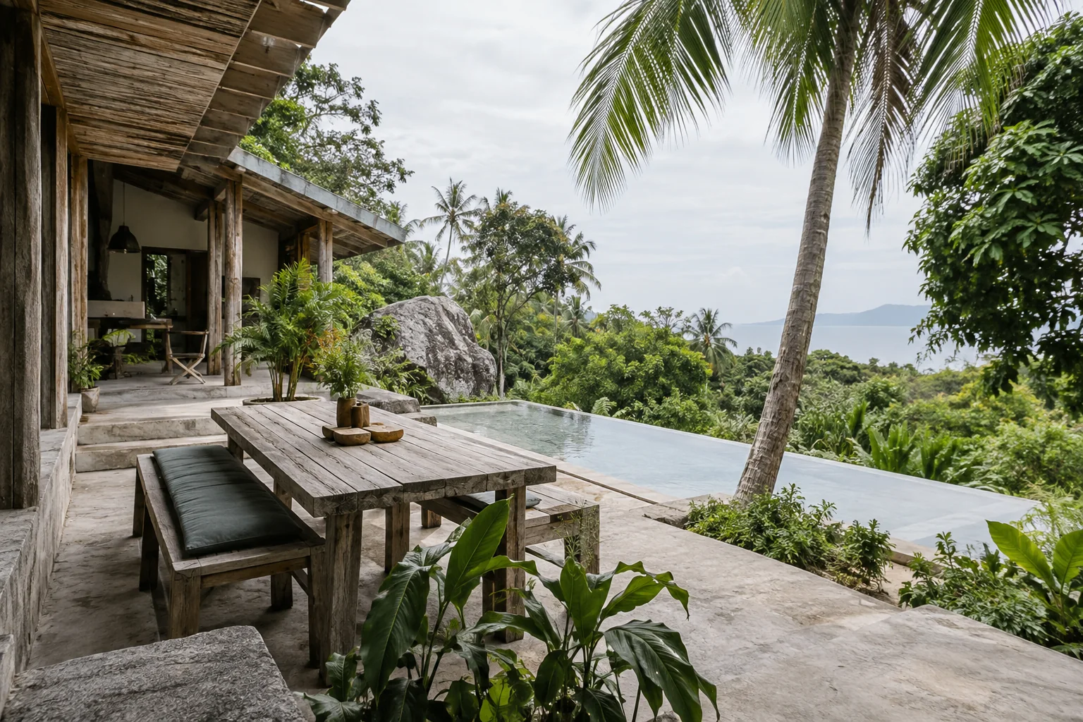 Private villa terrace with outdoor dining and tropical garden