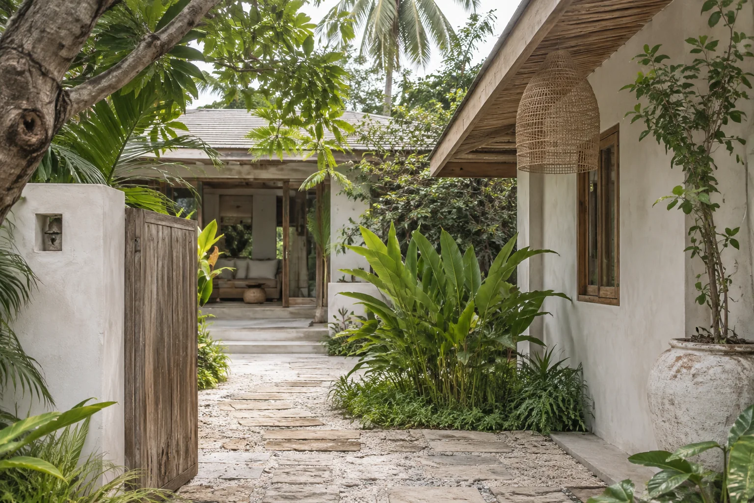 Modern tropical villa exterior and landscaped approach, Koh Phangan