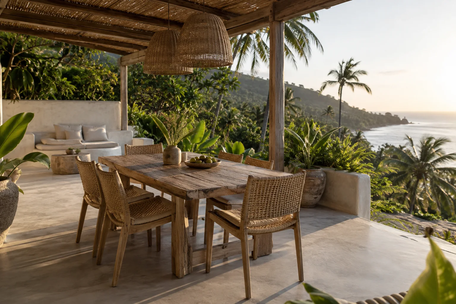 Private villa terrace with outdoor dining and tropical garden