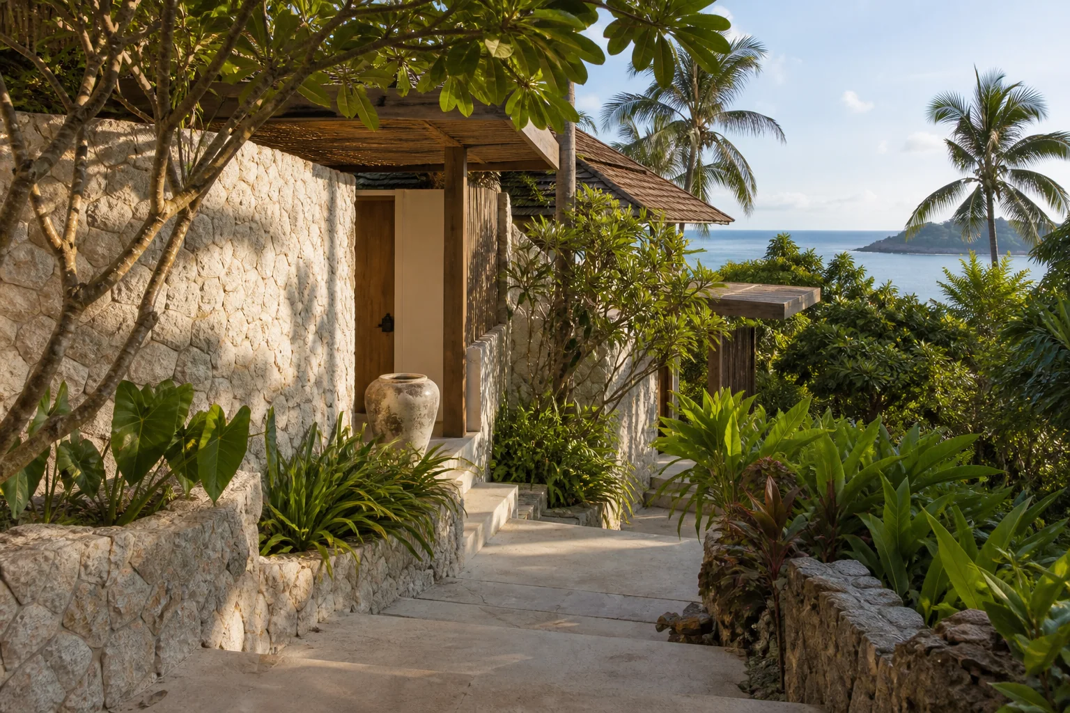 Modern tropical villa exterior and landscaped approach, Koh Phangan