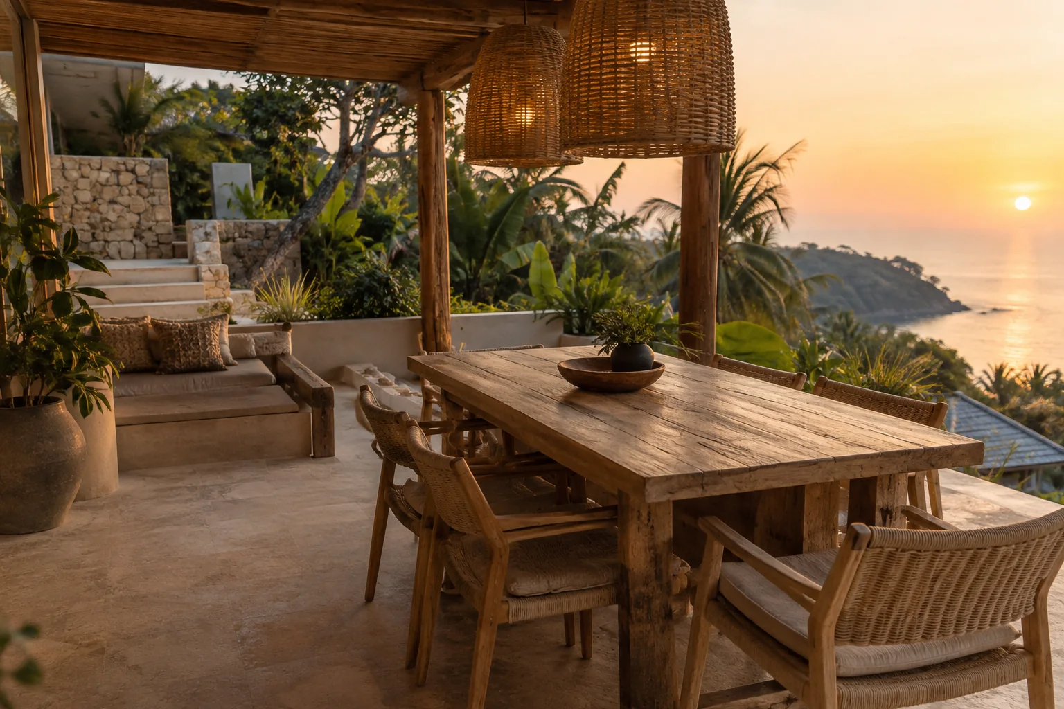 Private villa terrace with outdoor dining and tropical garden