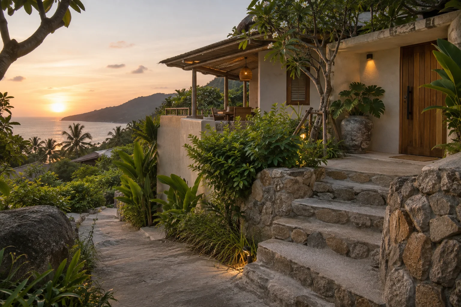Modern tropical villa exterior and landscaped approach, Koh Phangan