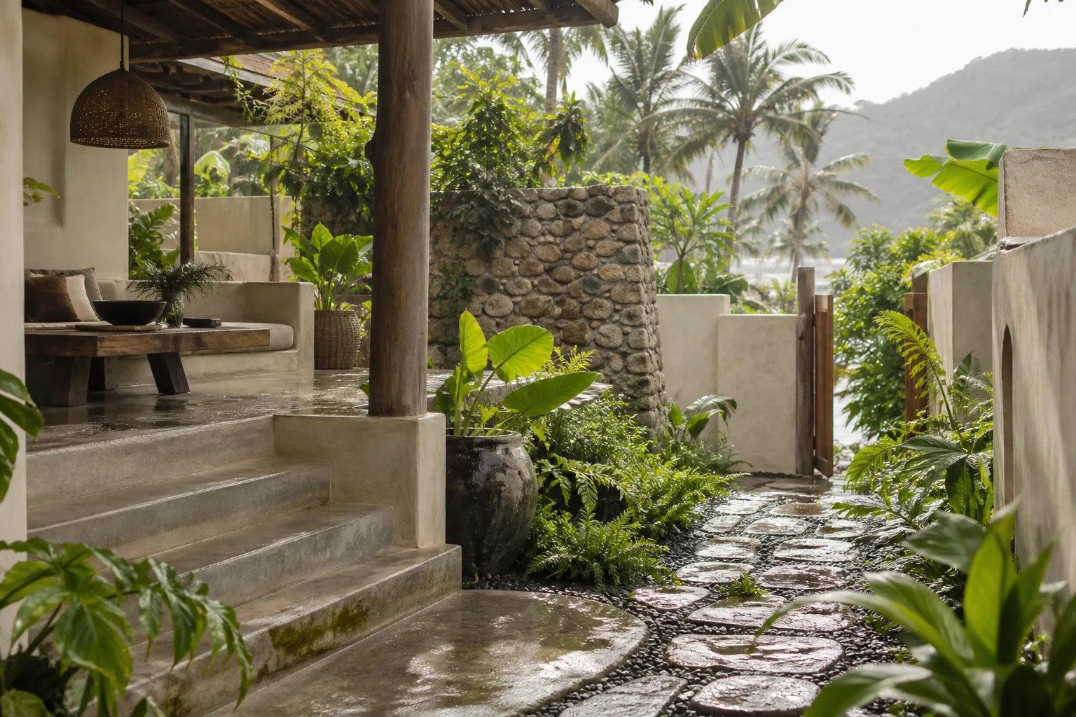 Private villa terrace with outdoor dining and tropical garden