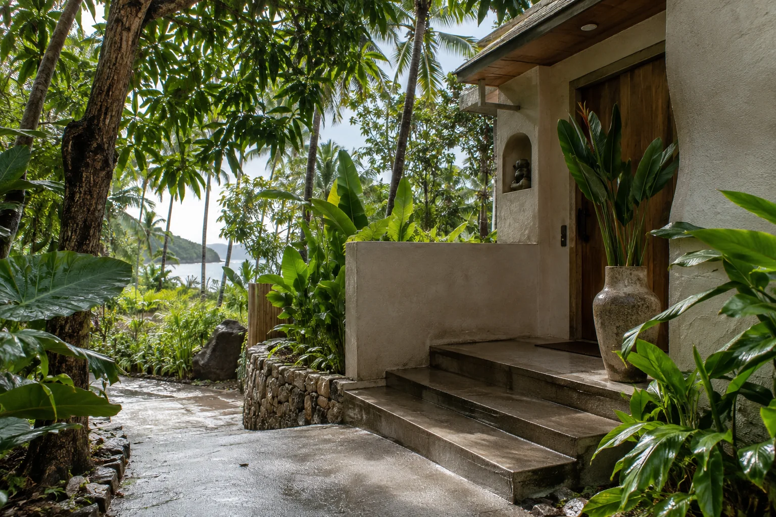 Modern tropical villa exterior and landscaped approach, Koh Phangan