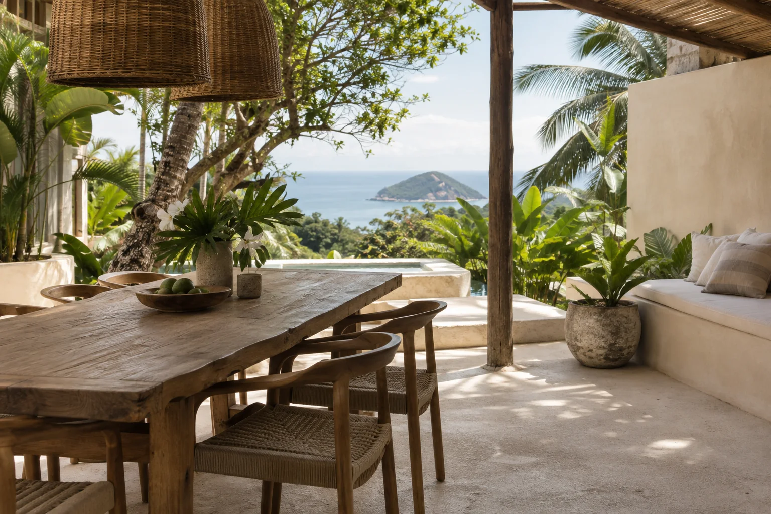 Private villa terrace with outdoor dining and tropical garden