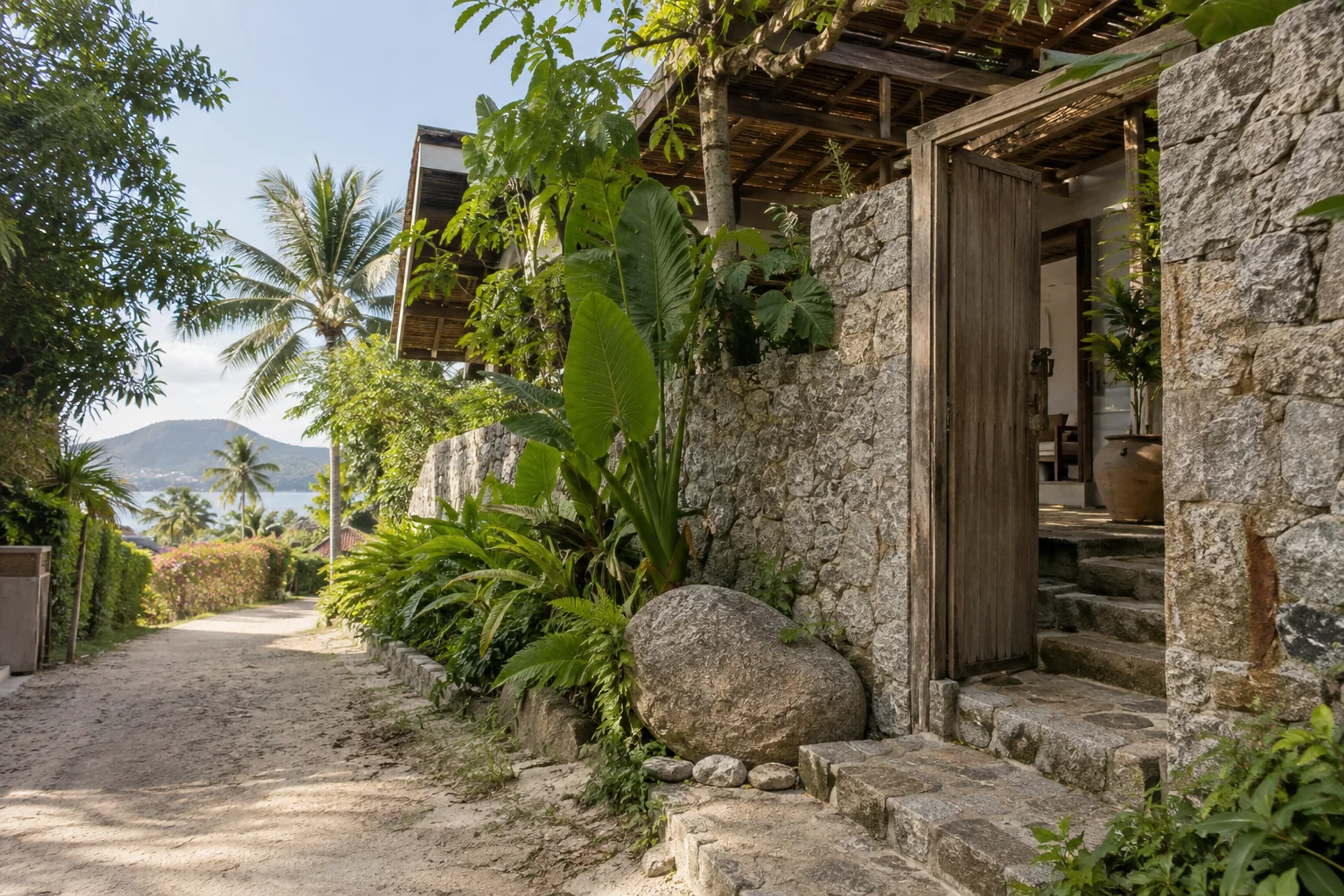 Modern tropical villa exterior and landscaped approach, Koh Phangan