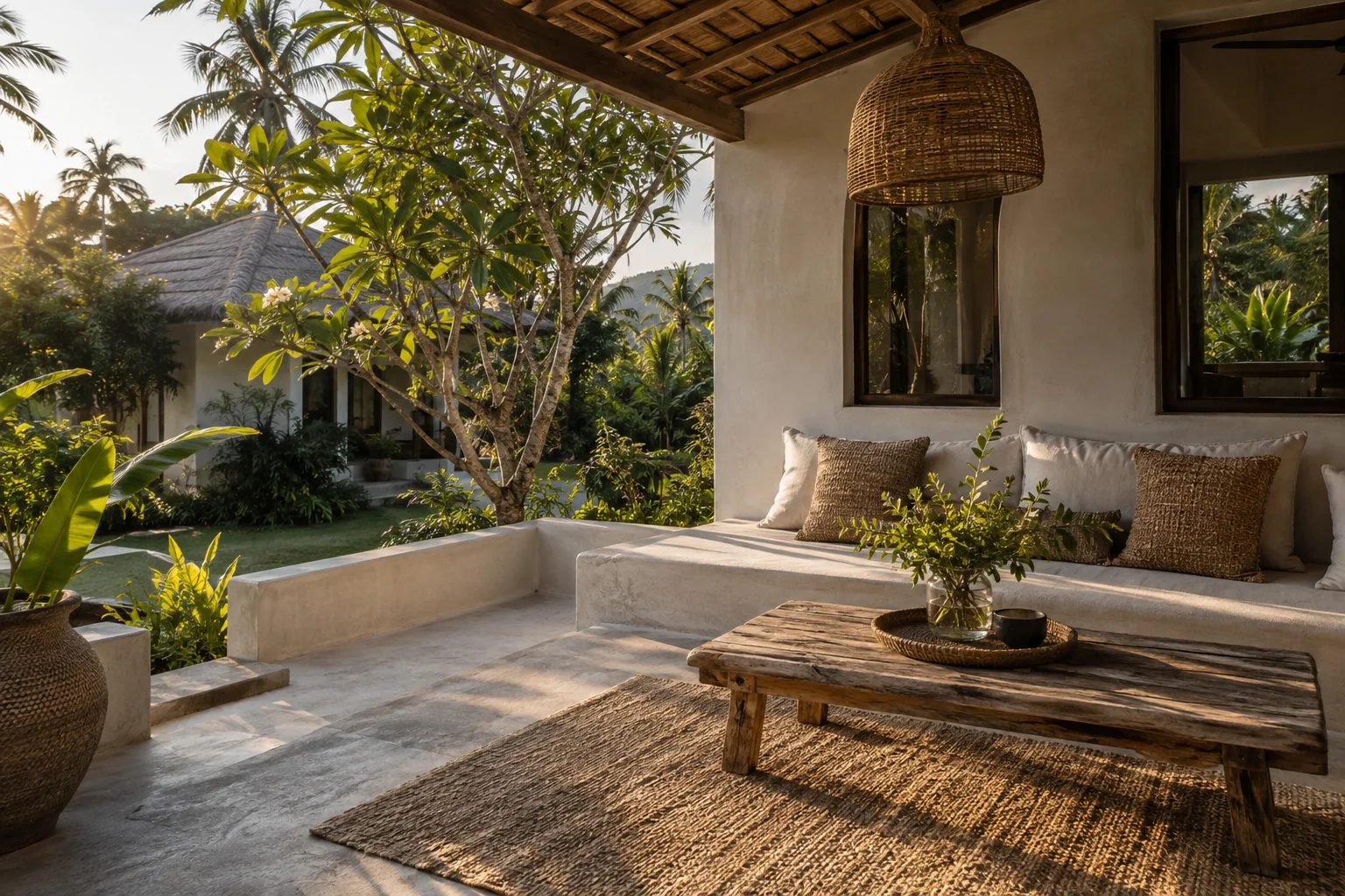 Private villa terrace with outdoor dining and tropical garden