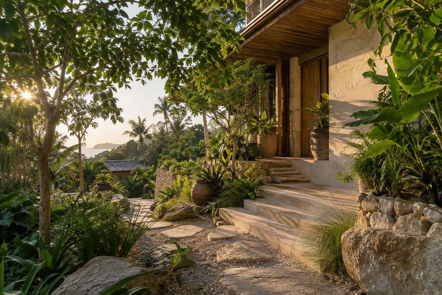 Modern tropical villa exterior and landscaped approach, Koh Phangan