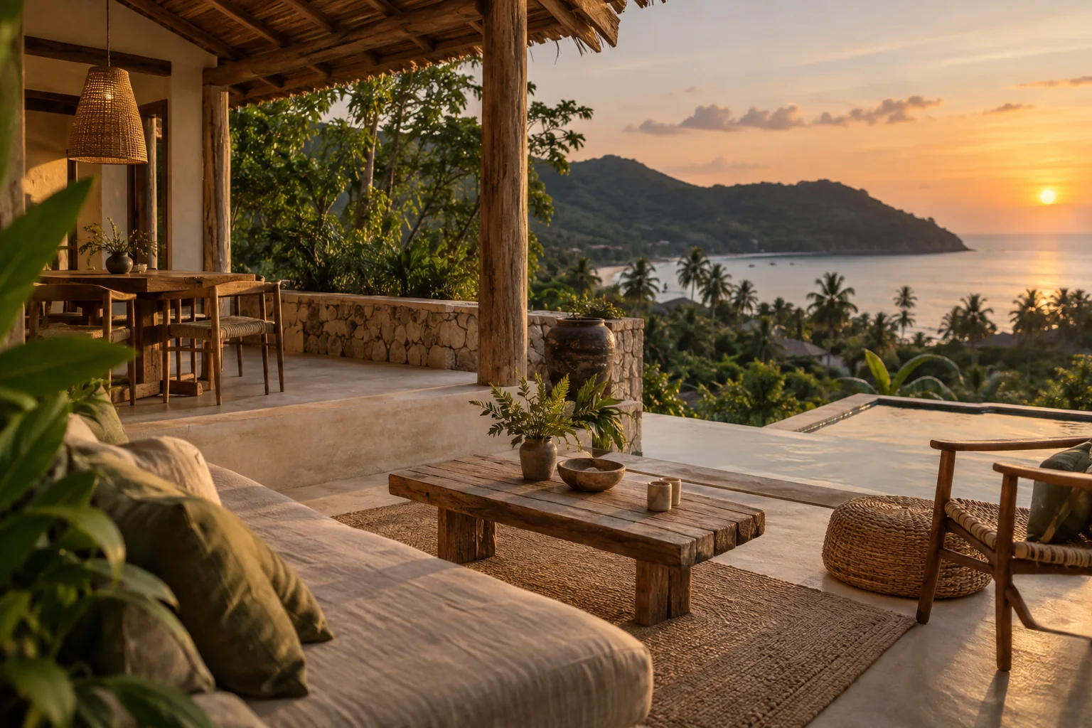 Private villa terrace with outdoor dining and tropical garden