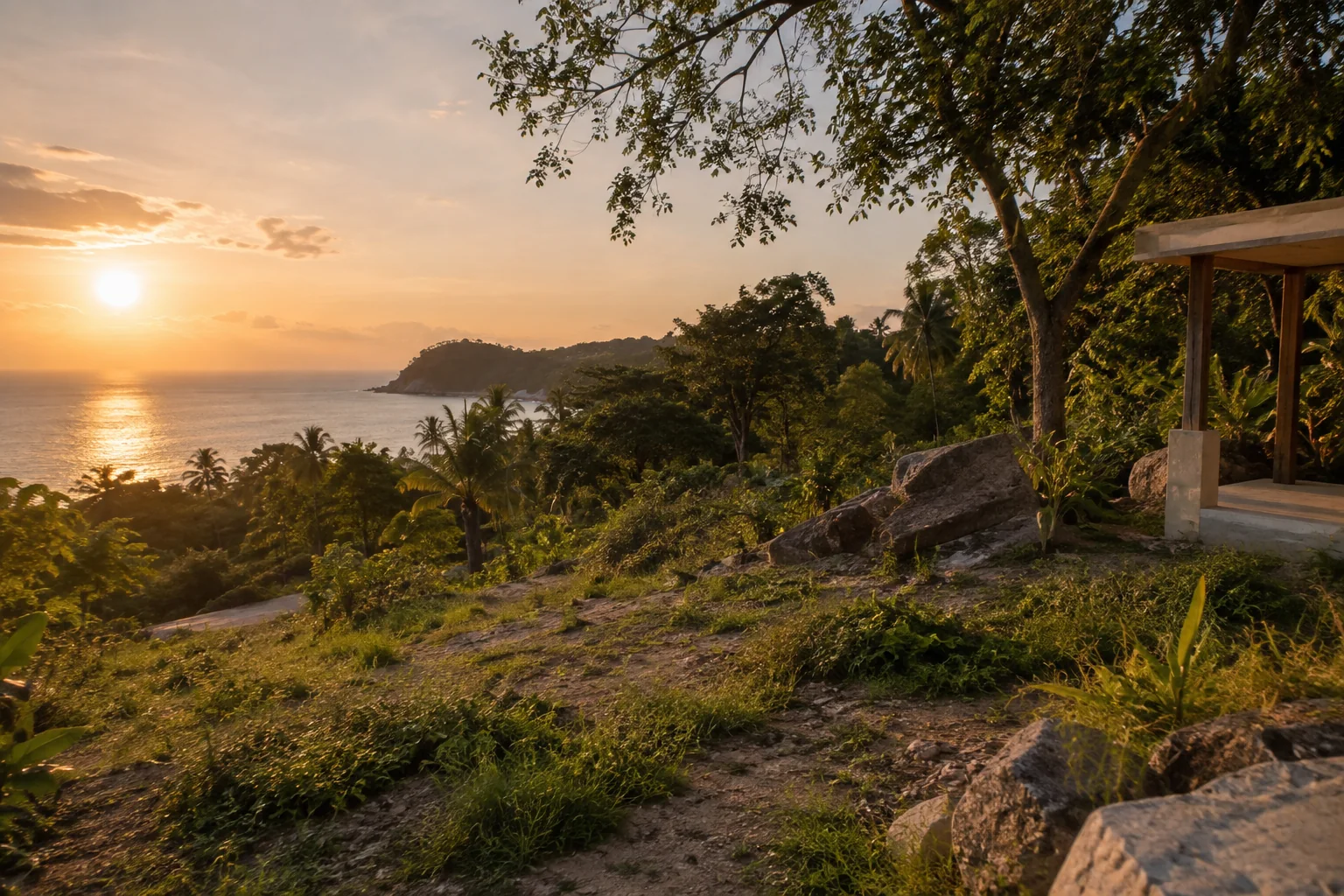 A broad view of a distinct undeveloped tropical parcel, its terrain and natural planting
