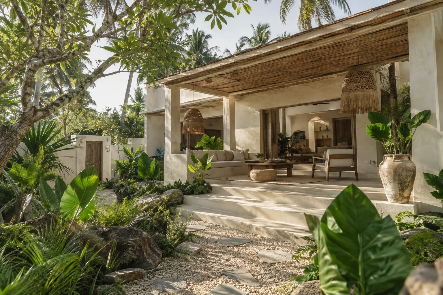 The exterior of one distinct tropical villa, with its garden and shaded outdoor space