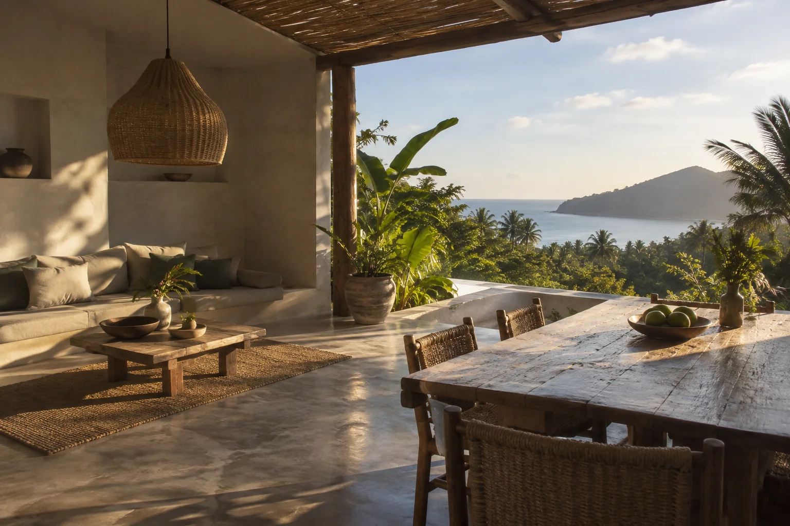 A different room or terrace of the same villa, with consistent materials and openings