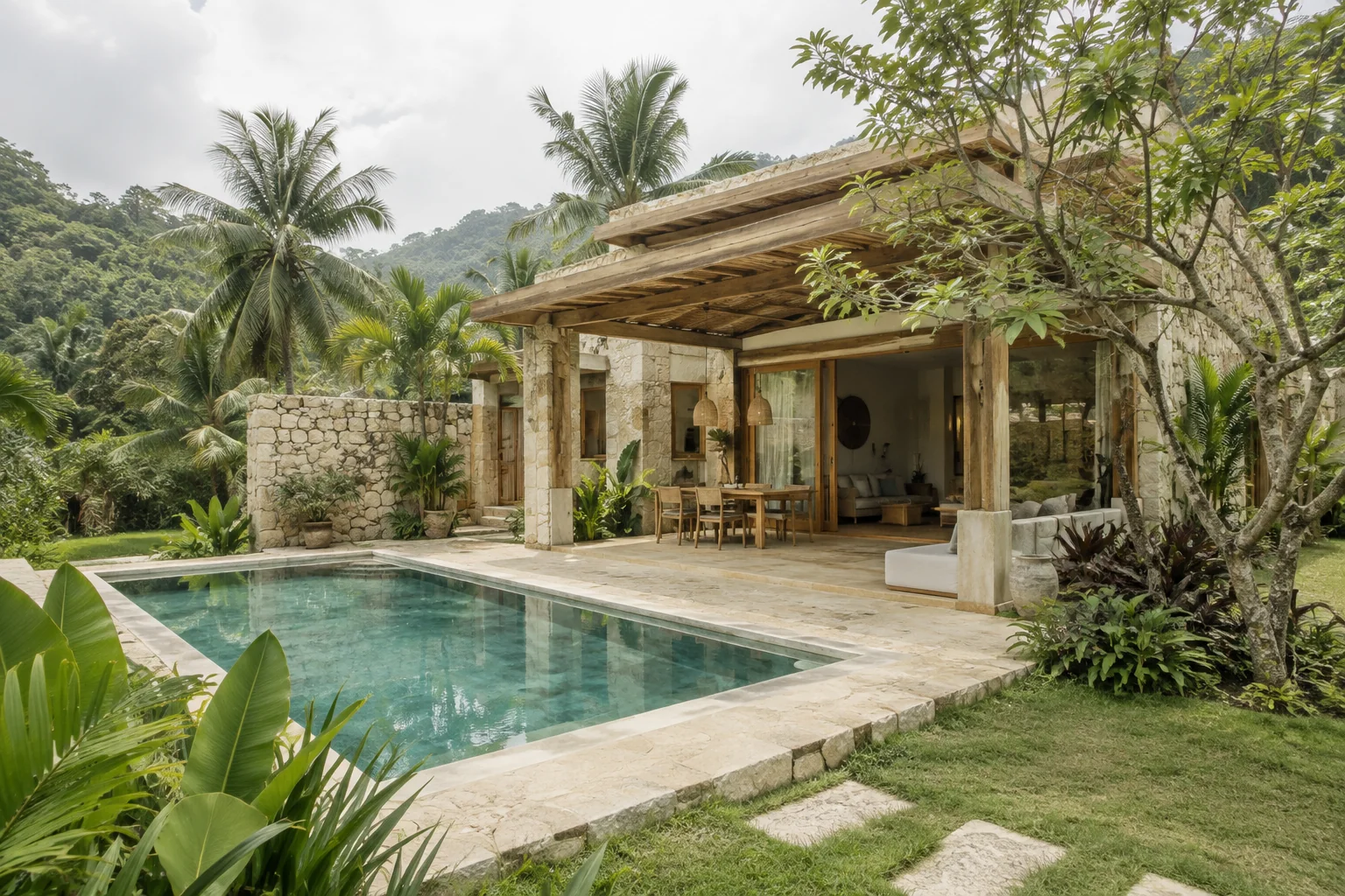 The exterior of one distinct tropical villa, with its garden and shaded outdoor space