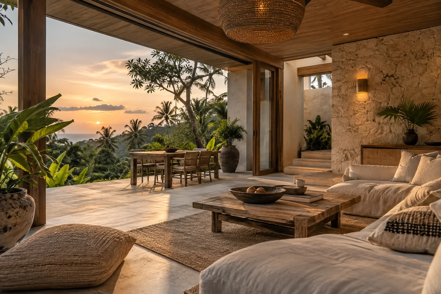 A different room or terrace of the same villa, with consistent materials and openings