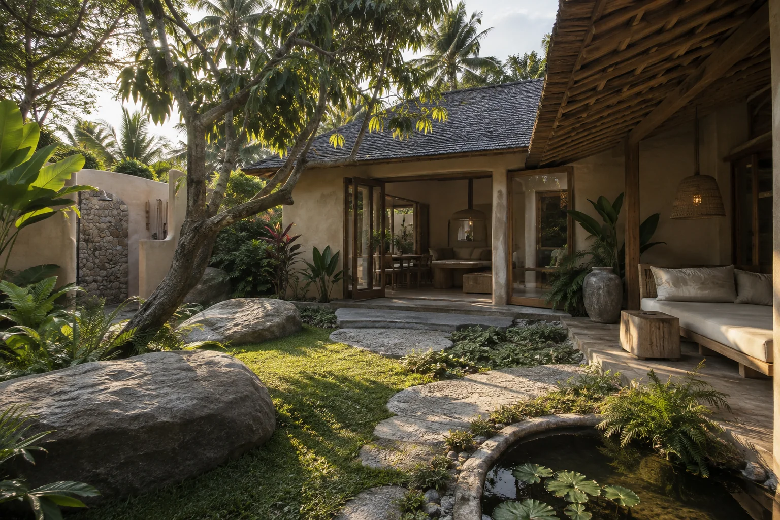 The exterior of one distinct tropical villa, with its garden and shaded outdoor space