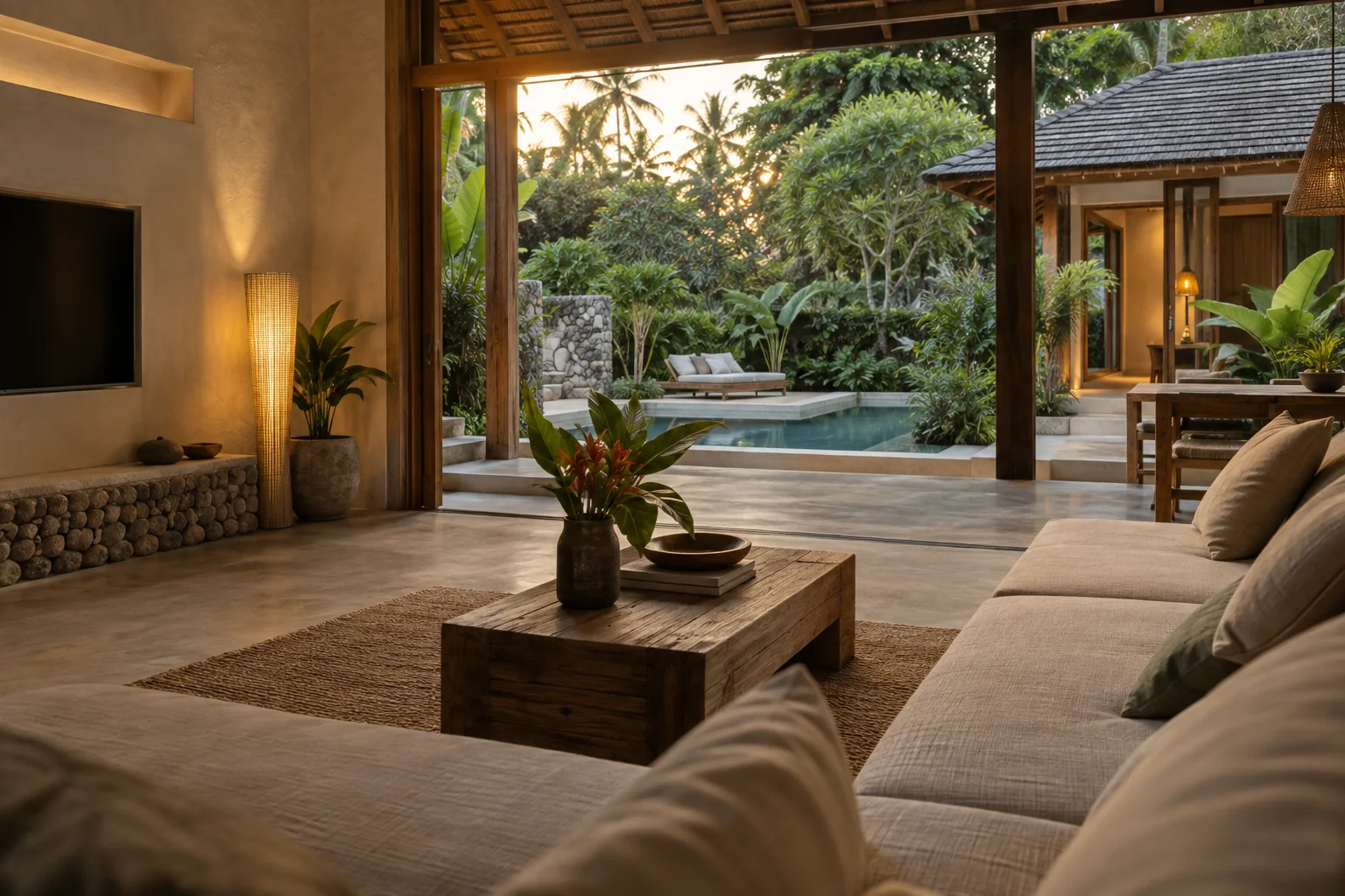The main living space of the same villa, preserving its materials and architectural style