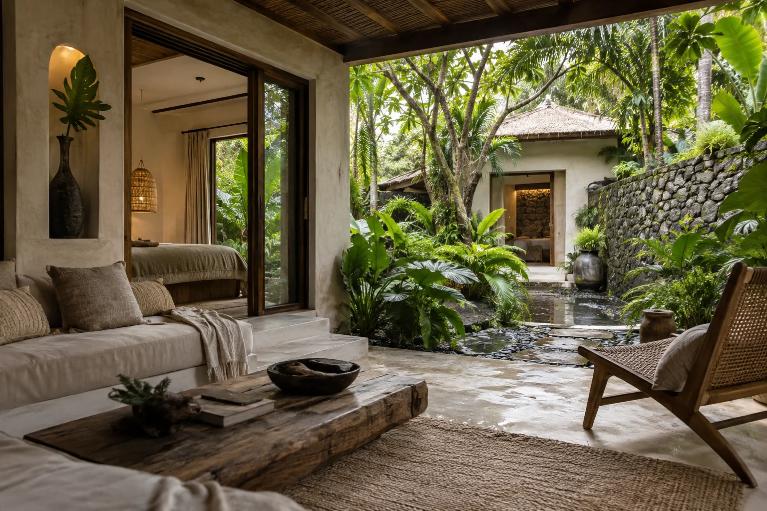 A different room or terrace of the same villa, with consistent materials and openings