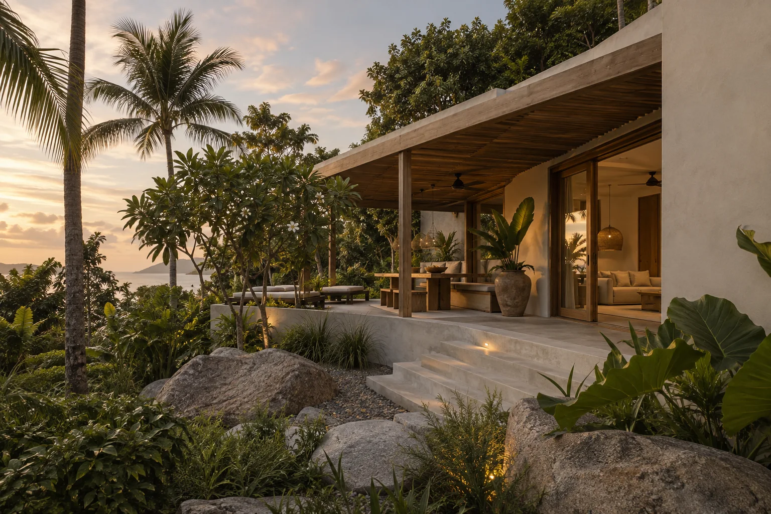The exterior of one distinct tropical villa, with its garden and shaded outdoor space