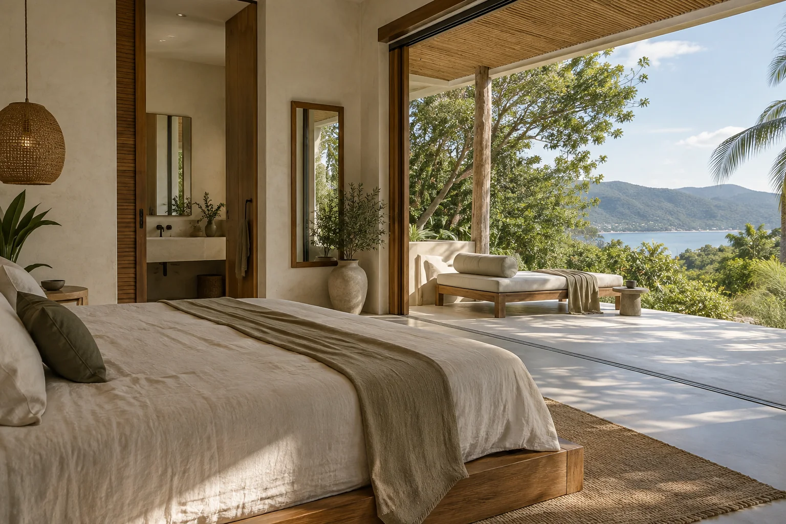 A different room or terrace of the same villa, with consistent materials and openings