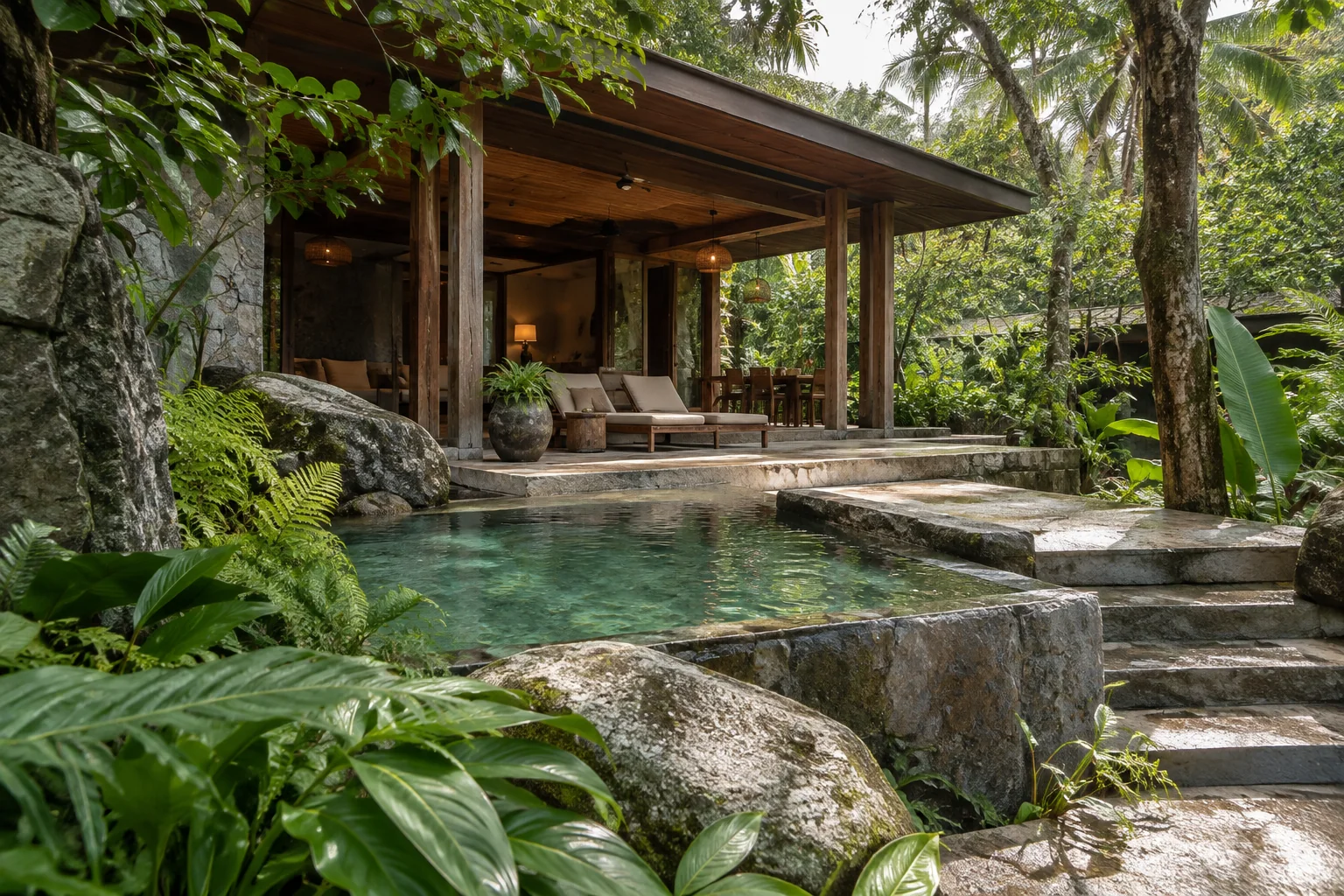 The exterior of one distinct tropical villa, with its garden and shaded outdoor space