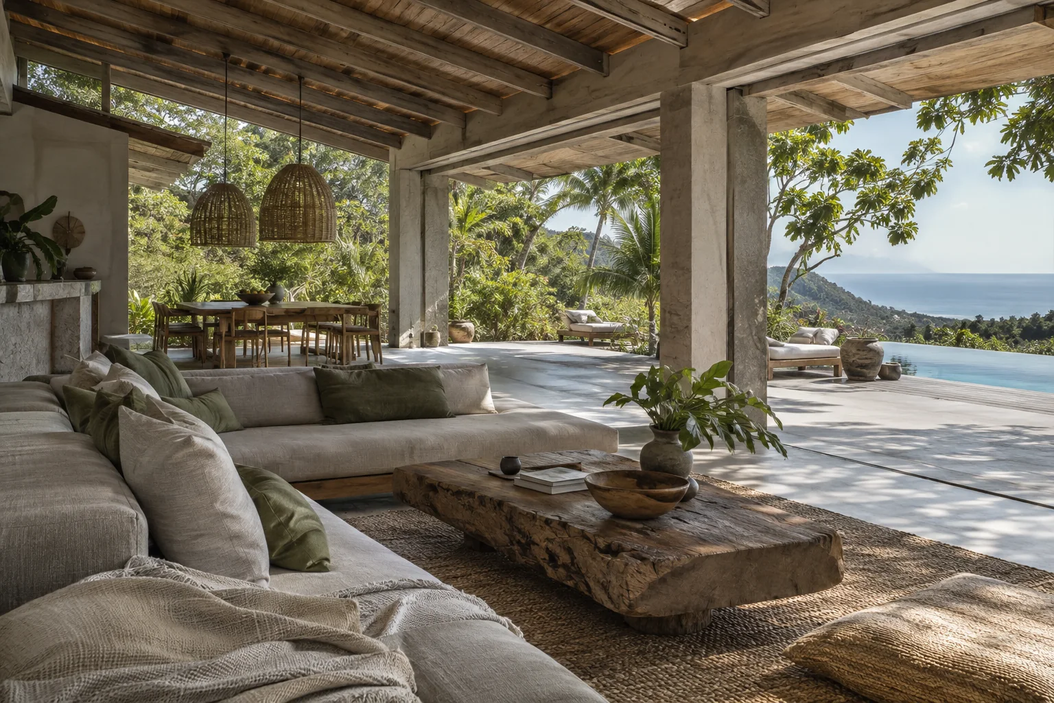 The main living space of the same villa, preserving its materials and architectural style