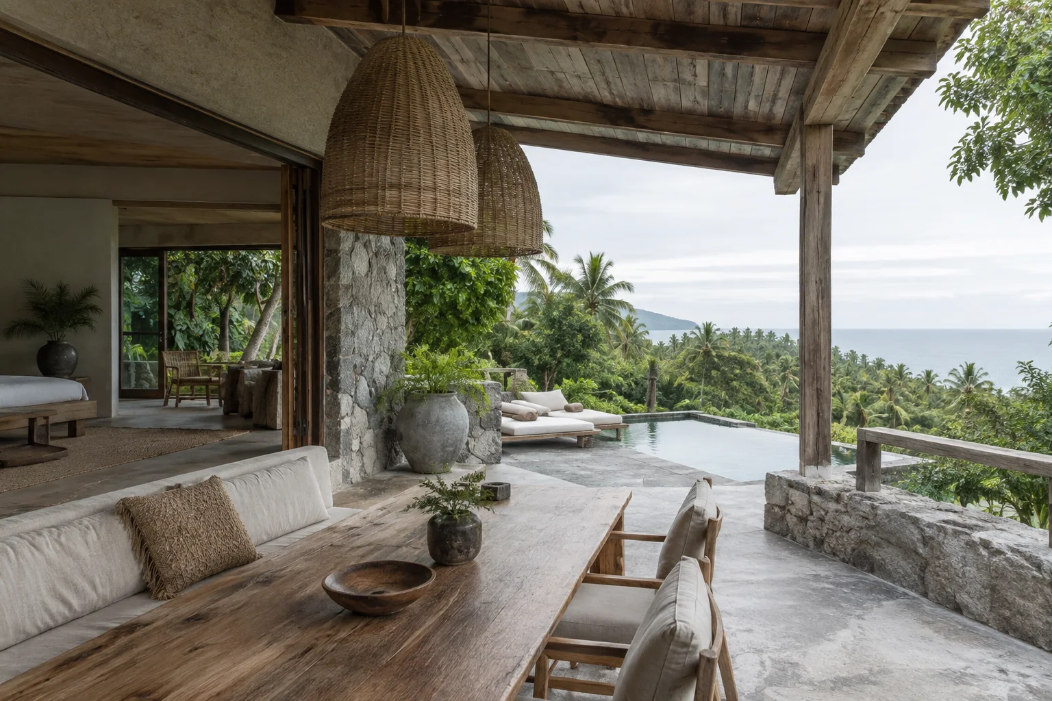 A different room or terrace of the same villa, with consistent materials and openings