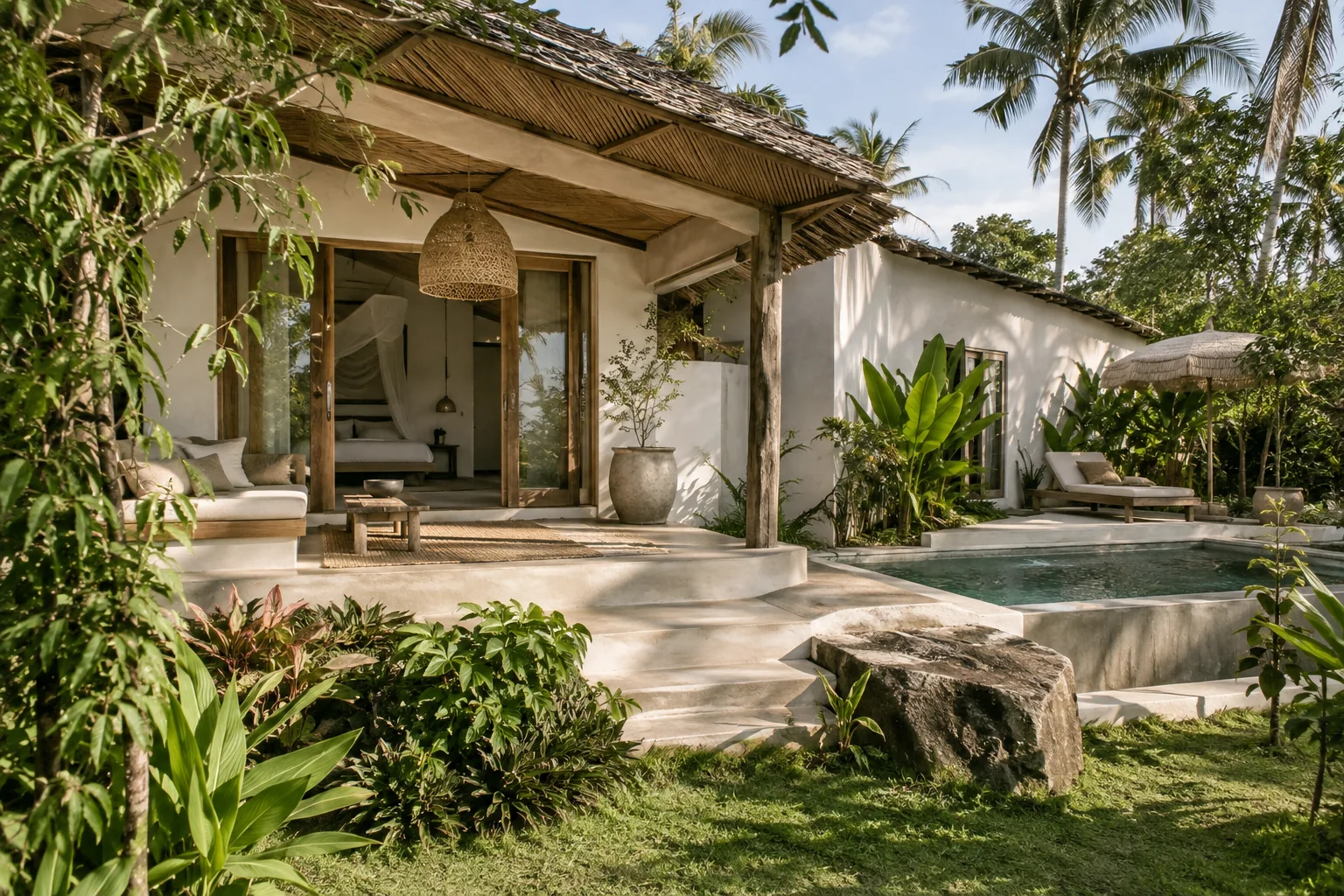 The exterior of one distinct tropical villa, with its garden and shaded outdoor space