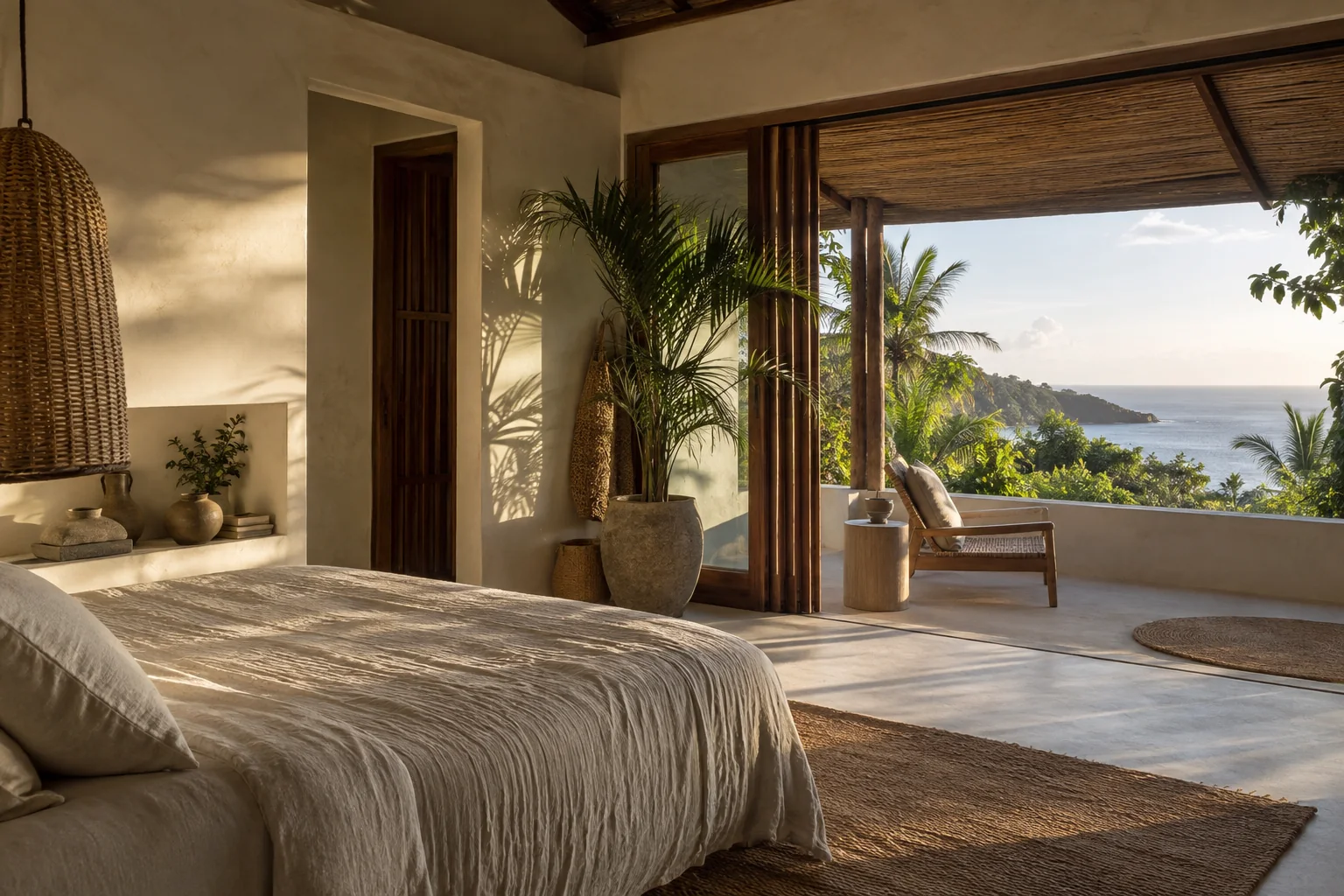 A different room or terrace of the same villa, with consistent materials and openings