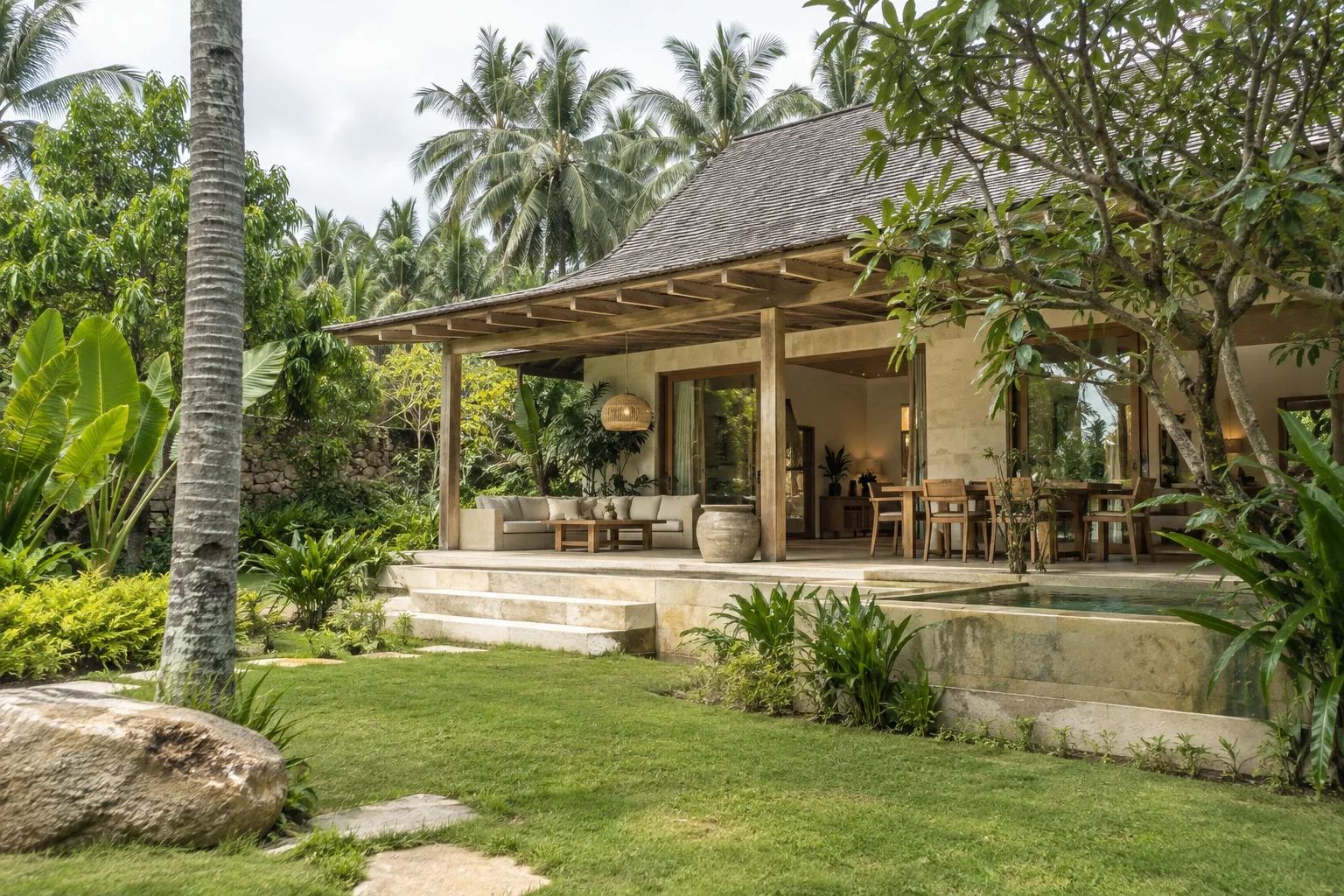 The exterior of one distinct tropical villa, with its garden and shaded outdoor space