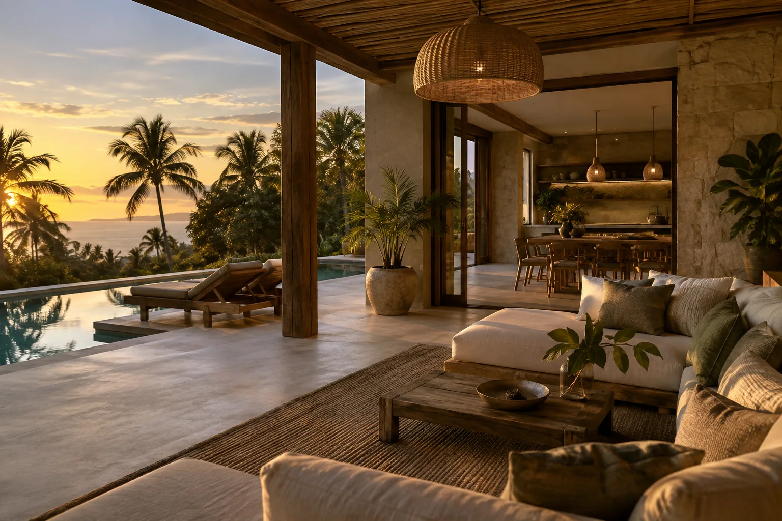 A different room or terrace of the same villa, with consistent materials and openings