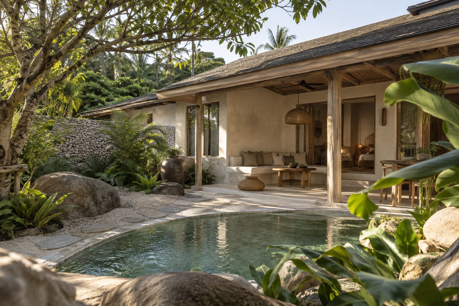 The exterior of one distinct tropical villa, with its garden and shaded outdoor space