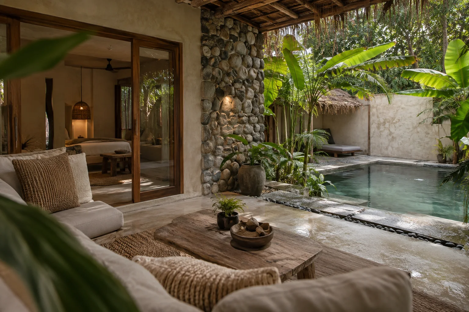 A different room or terrace of the same villa, with consistent materials and openings