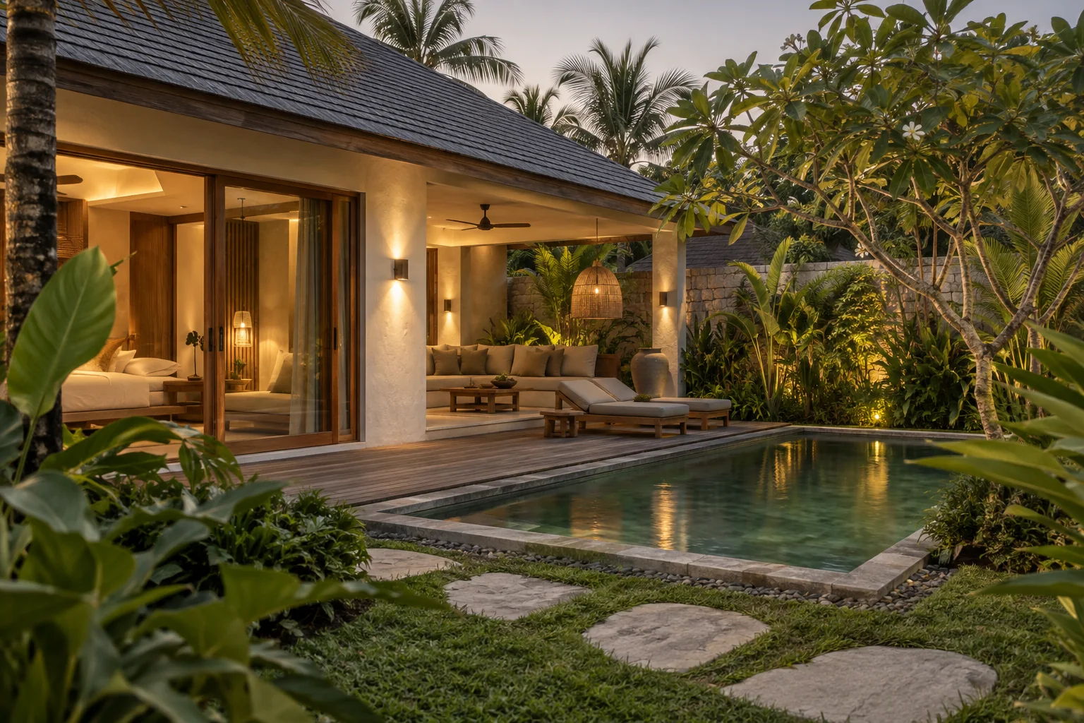The exterior of one distinct tropical villa, with its garden and shaded outdoor space