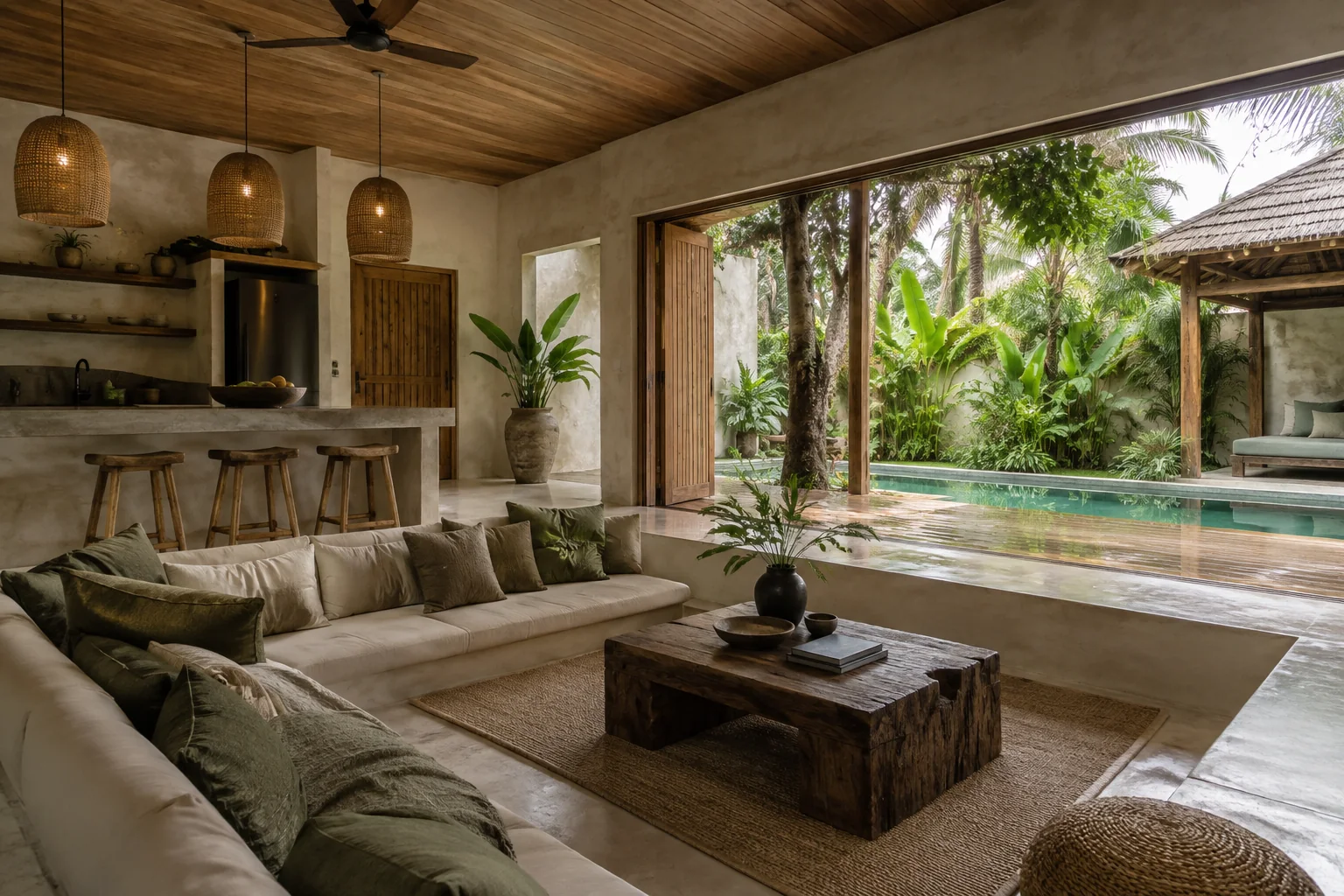The main living space of the same villa, preserving its materials and architectural style