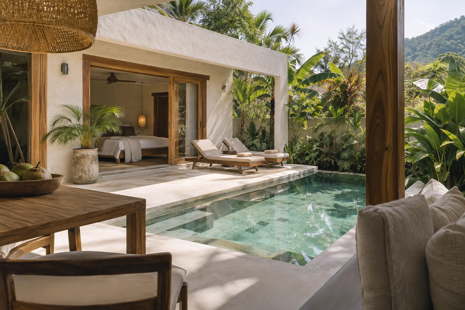A different room or terrace of the same villa, with consistent materials and openings