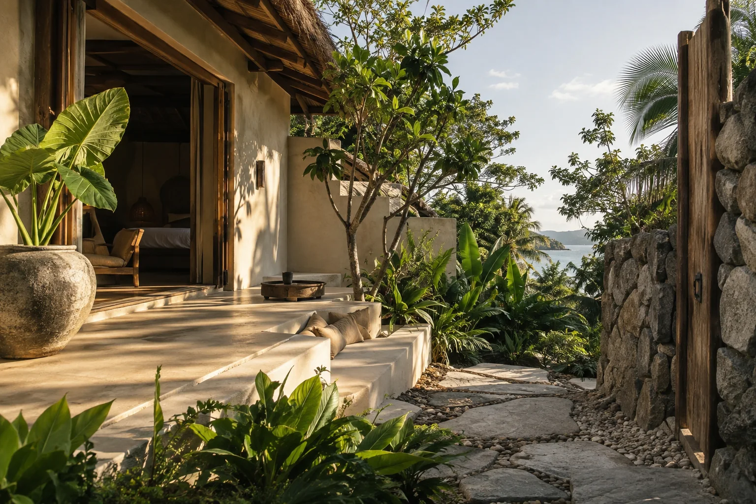 An original tropical villa and garden scene for the brand story