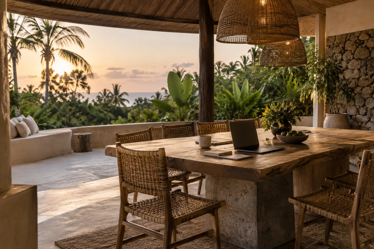 A quiet planning or meeting space overlooking a different tropical garden