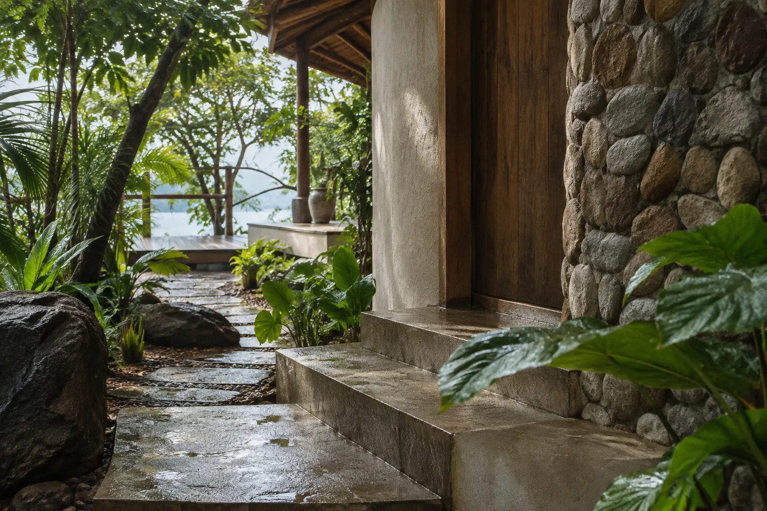 A tactile architectural detail combining local stone, timber and tropical planting