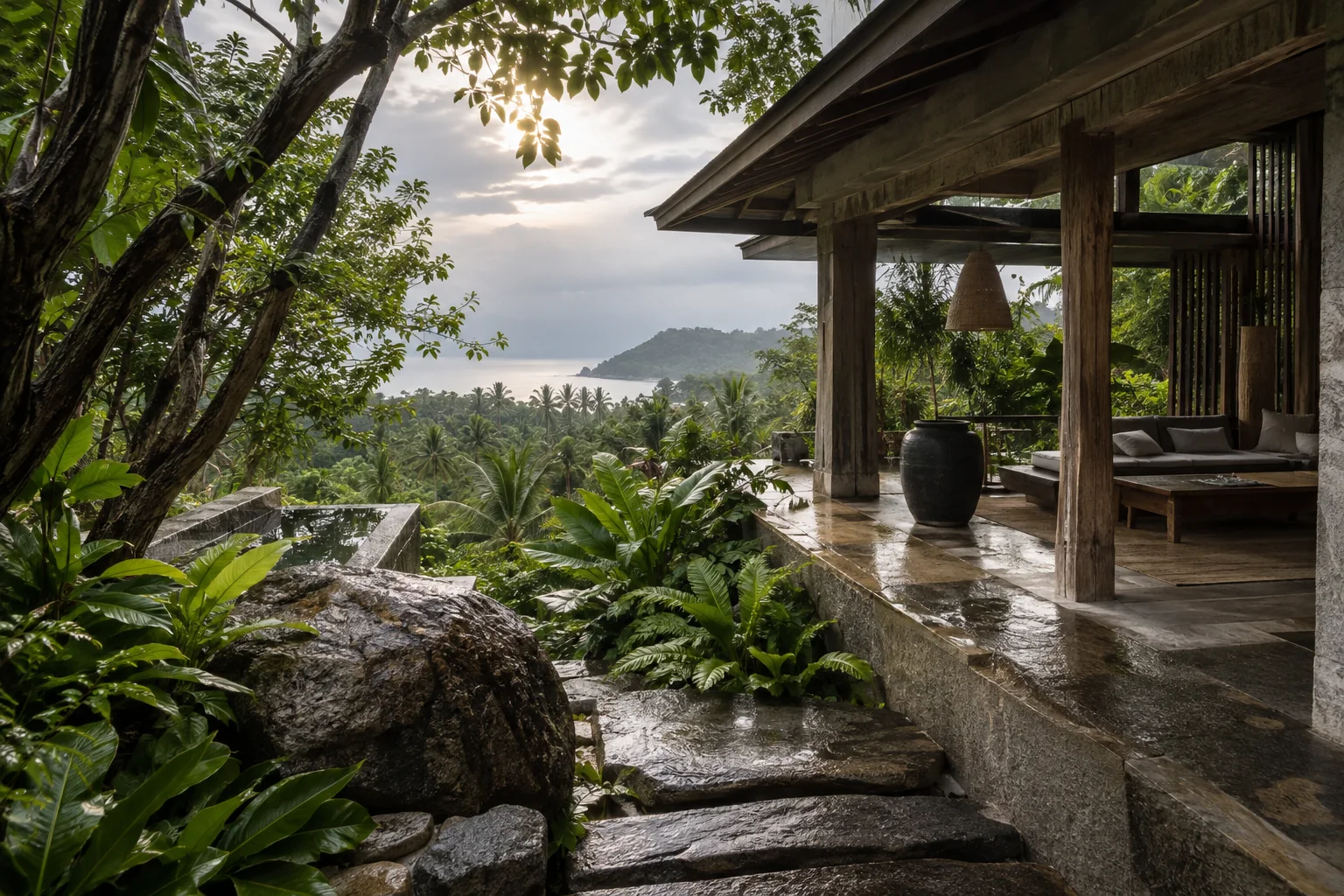 An original tropical villa and garden scene for the brand story