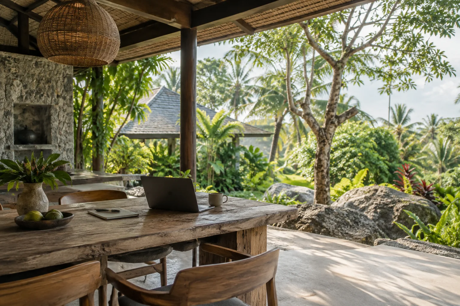 A quiet planning or meeting space overlooking a different tropical garden