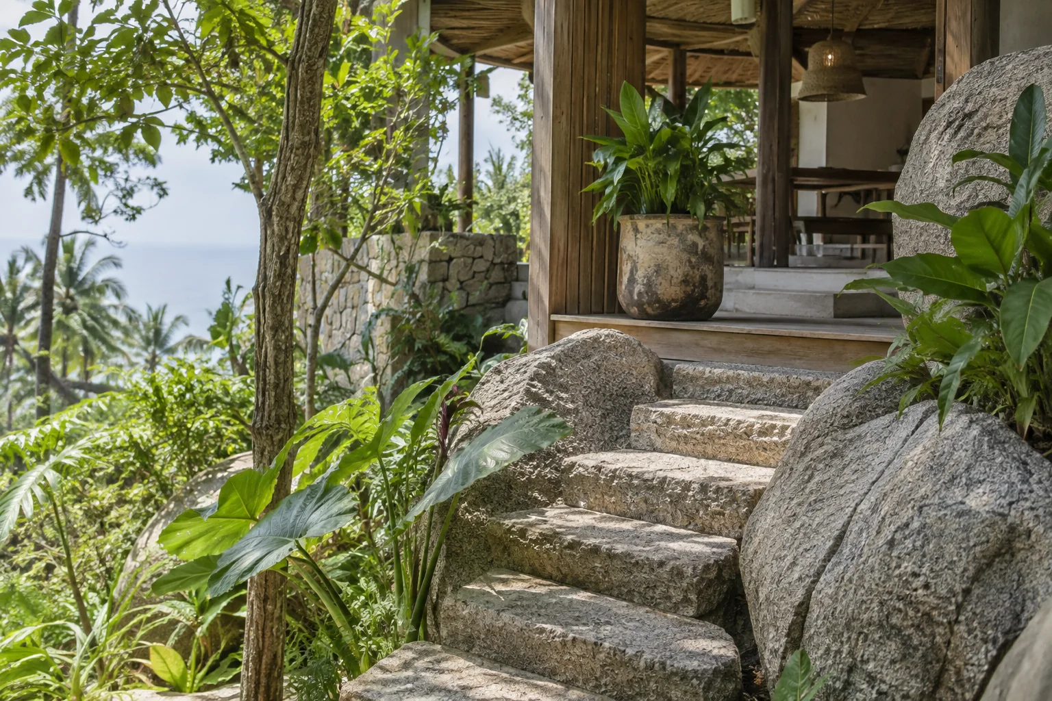 A tactile architectural detail combining local stone, timber and tropical planting
