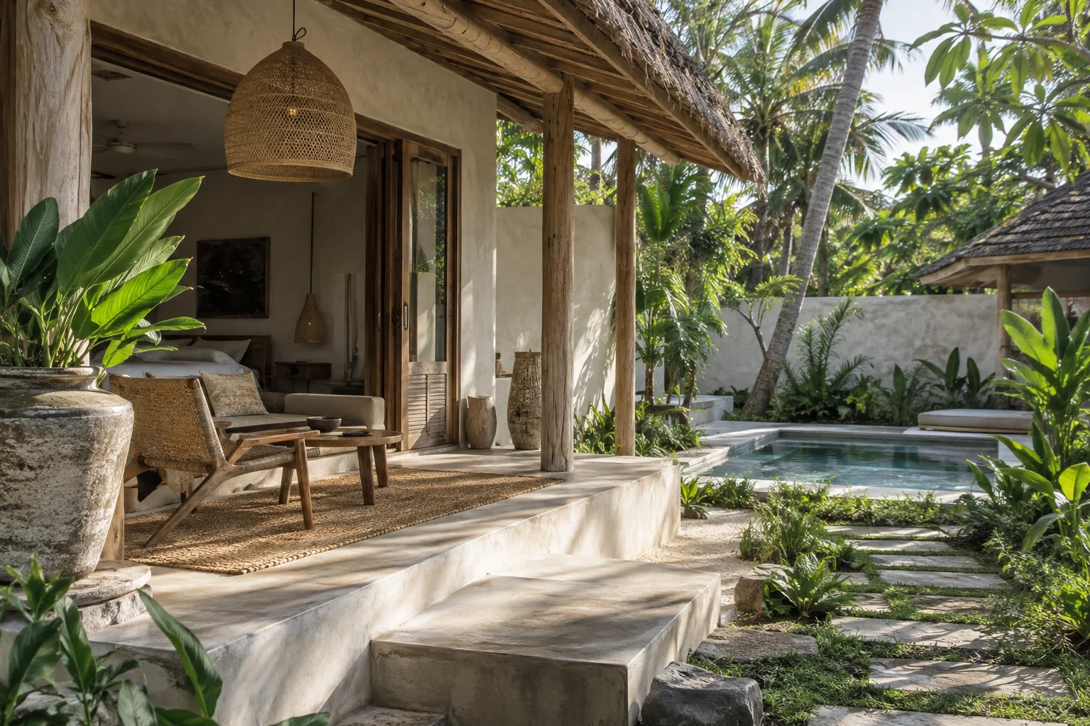 An original tropical villa and garden scene for the brand story