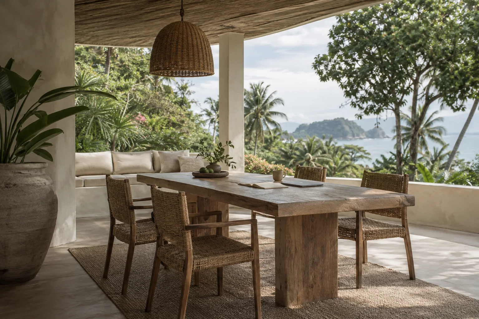 A quiet planning or meeting space overlooking a different tropical garden