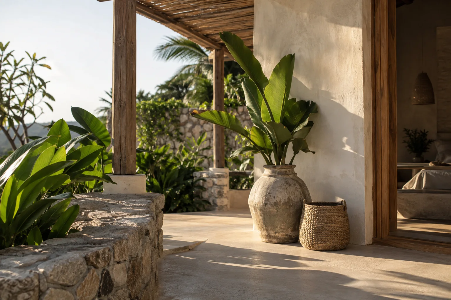 A tactile architectural detail combining local stone, timber and tropical planting