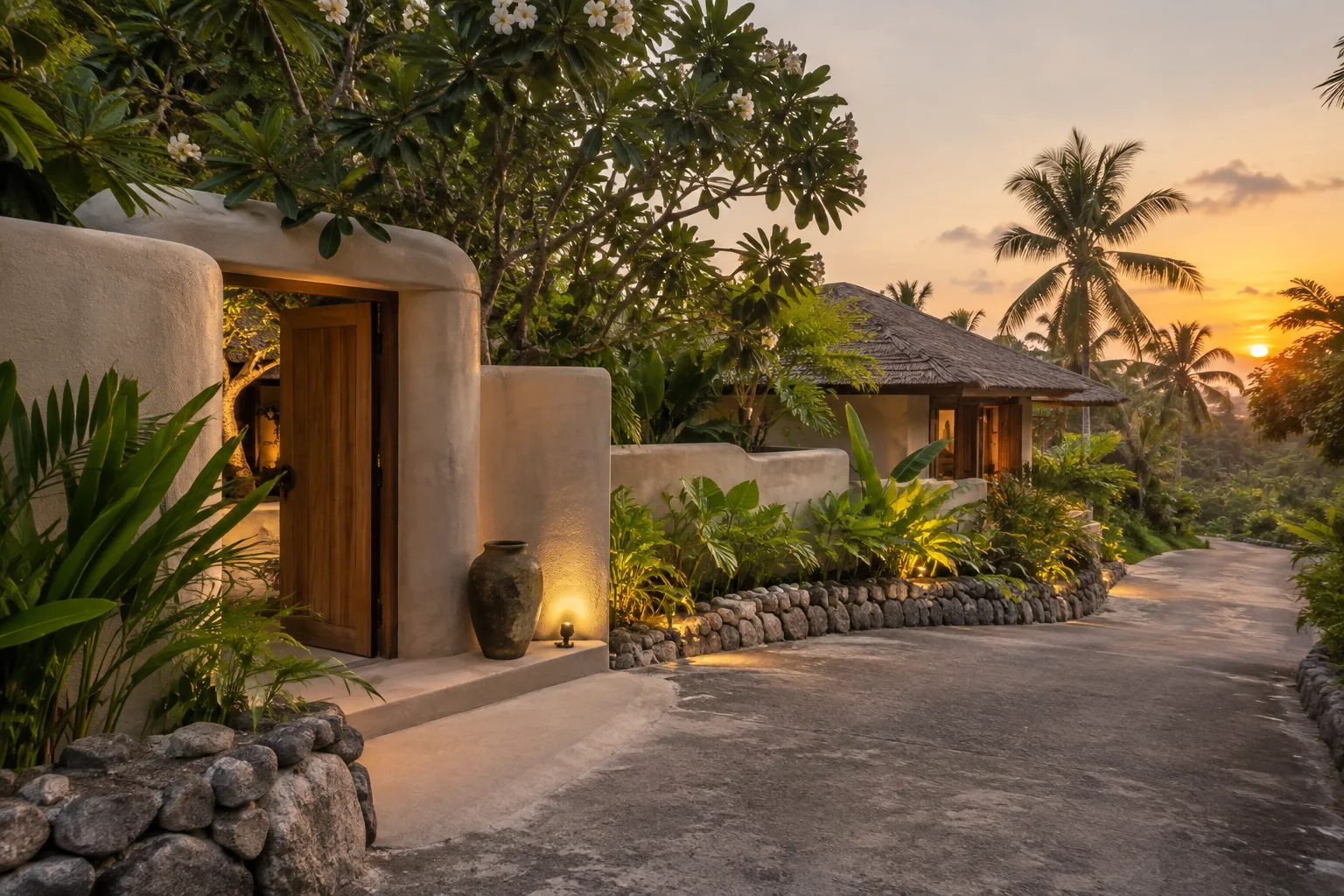 Modern tropical villa exterior and landscaped approach, Koh Phangan