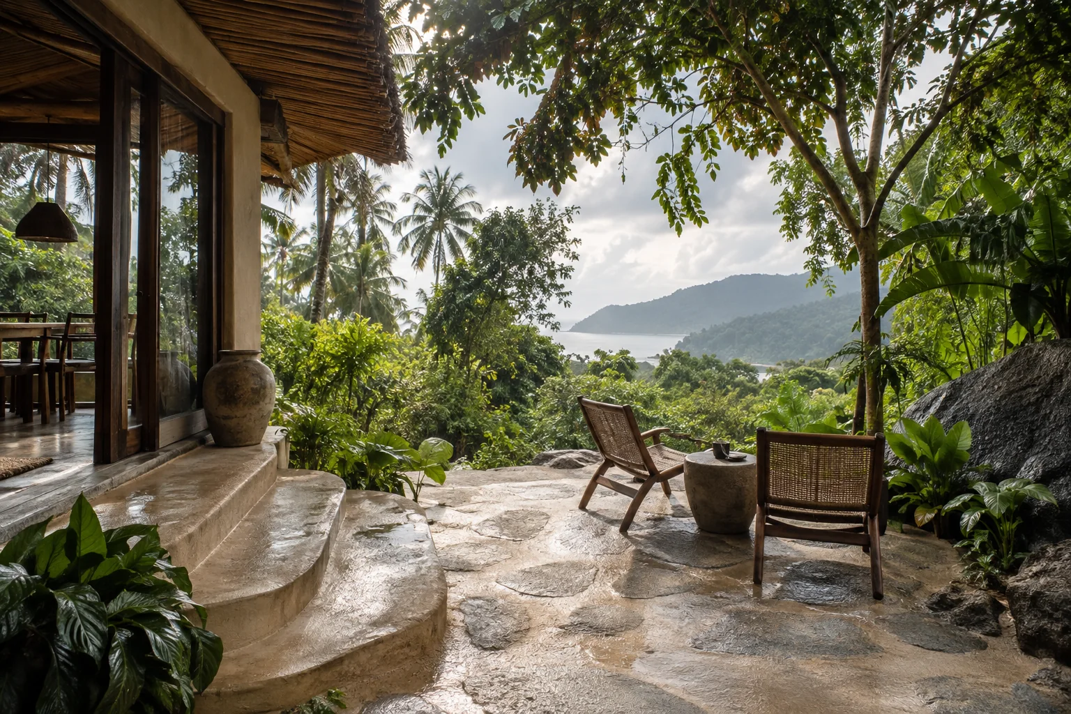 Private villa terrace with outdoor dining and tropical garden